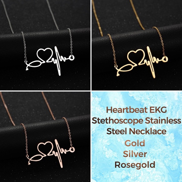 Heartbeat Stethoscope Heart EKG Stainless Nurse Bar Necklace Silver Rose Gold - Picture 2 of 15